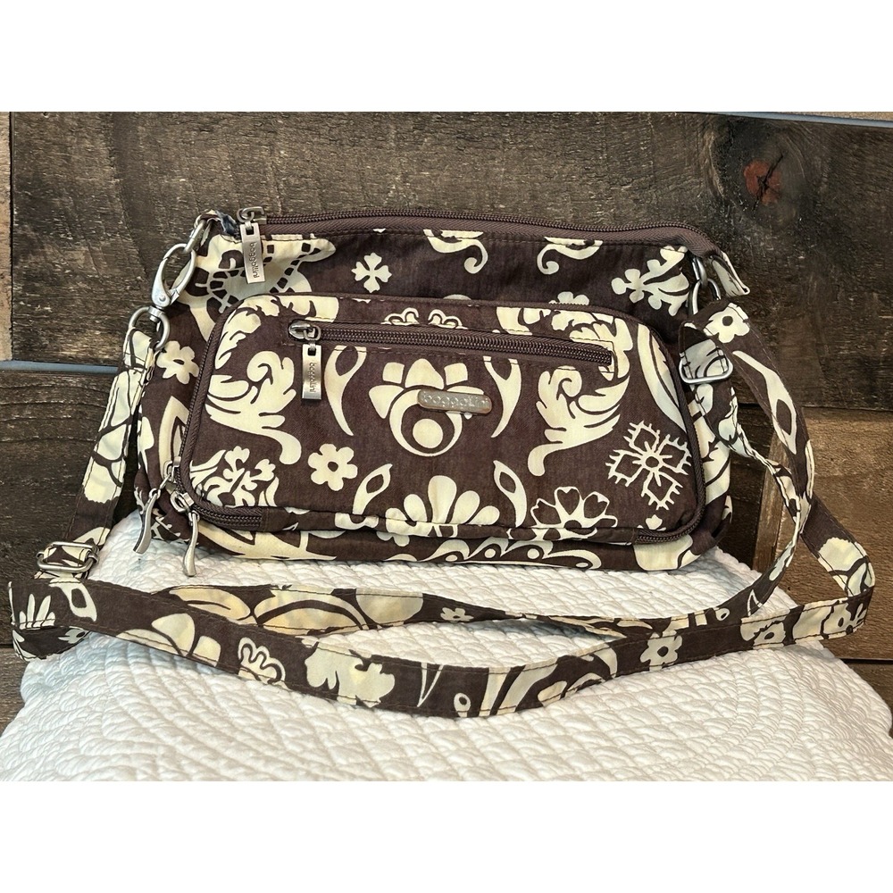 Baggallini Womens Brown White Floral Print Crossbody Shoulder Bag EUC